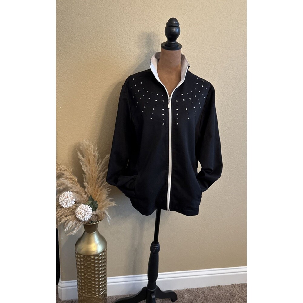 Allison Daley Womens Jacket 12 Black White Collar Rhinestone Zip Light Windbreak